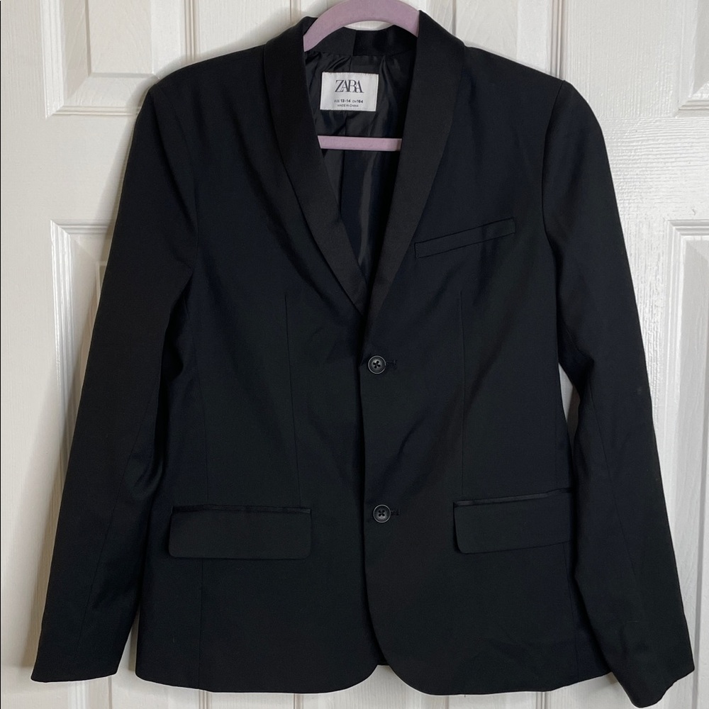 ZARA YOUTH SINGLE BREASTED SHINY LAPEL BUTTON CLOSE BLACK BLAZER JACKET SZ 13-14